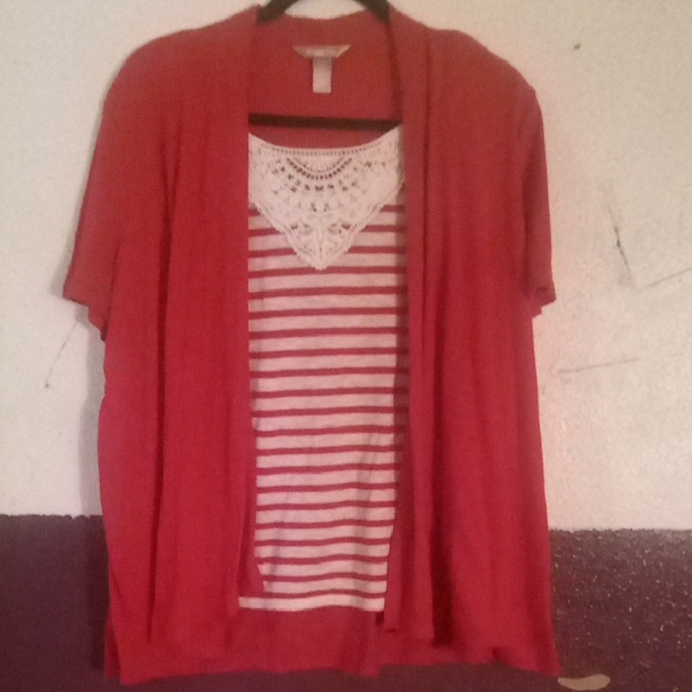 White Stag Red Cardigan with Striped Blouse